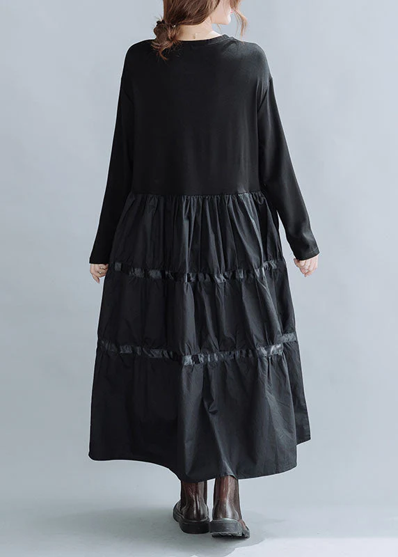 Women Black O-Neck Patchwork Cotton Dress Spring - Image 4