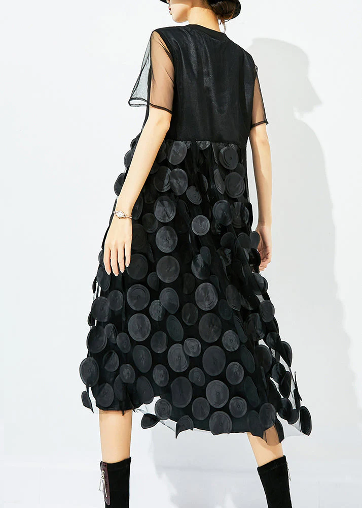 Women Black O-Neck Patchwork Dot Tulle Holiday Dress Summer - Image 8