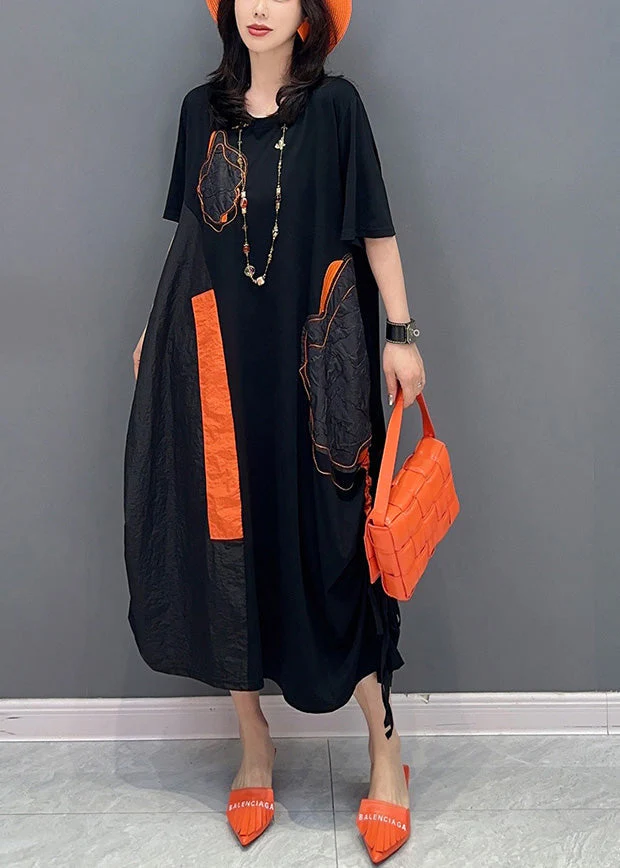 Women Black O-Neck Patchwork Drawstring Holiday Long Dress Short Sleeve - Image 2