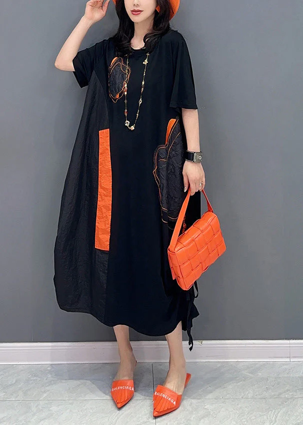 Women Black O-Neck Patchwork Drawstring Holiday Long Dress Short Sleeve - Image 3