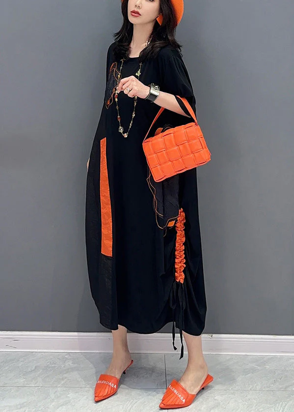 Women Black O-Neck Patchwork Drawstring Holiday Long Dress Short Sleeve - Image 4