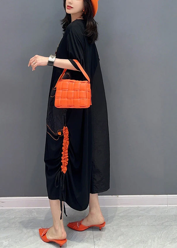 Women Black O-Neck Patchwork Drawstring Holiday Long Dress Short Sleeve - Image 5