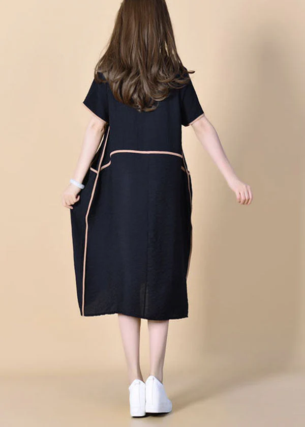 Women Black O Neck Patchwork Linen Dress Summer - Image 3