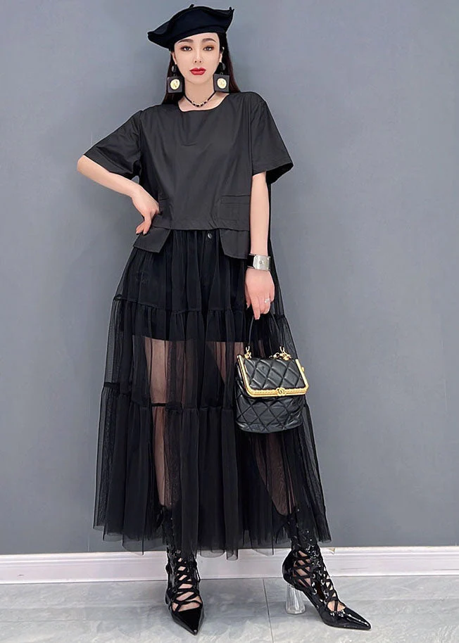 Women Black O-Neck Patchwork Tulle Long Dress Short Sleeve - Image 2