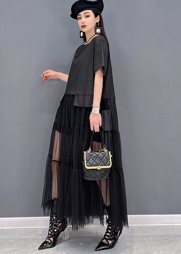 Women Black O-Neck Patchwork Tulle Long Dress Short Sleeve - Image 3
