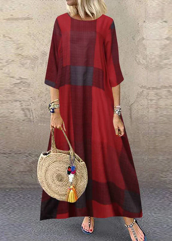 Women Black O-Neck Plaid Maxi Dresses Half Sleeve - Image 3