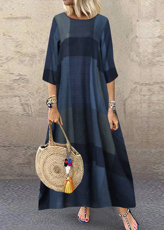 Women Black O-Neck Plaid Maxi Dresses Half Sleeve - Image 4