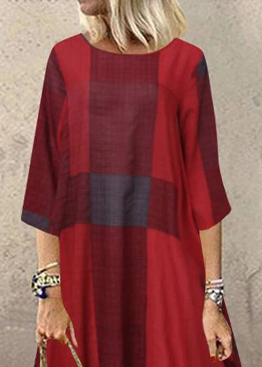 Women Black O-Neck Plaid Maxi Dresses Half Sleeve - Image 5