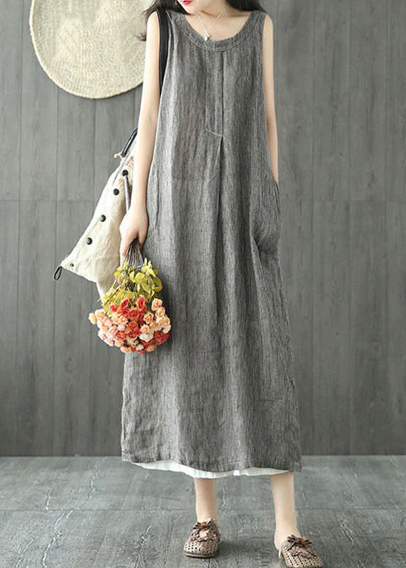 Women Black O Neck Pockets Linen Long Dresses Sleeveless - Image 2