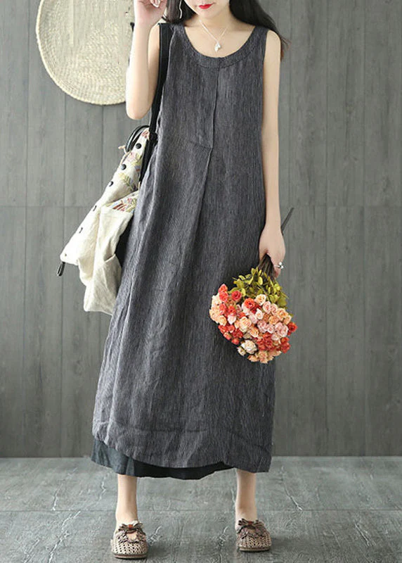 Women Black O Neck Pockets Linen Long Dresses Sleeveless - Image 3