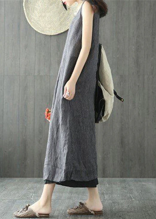 Women Black O Neck Pockets Linen Long Dresses Sleeveless - Image 4