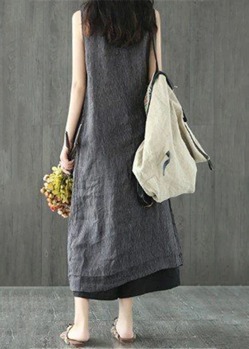 Women Black O Neck Pockets Linen Long Dresses Sleeveless - Image 5