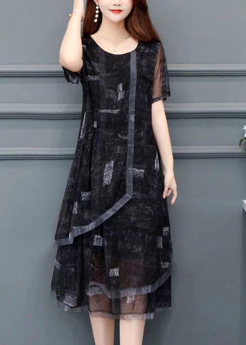 Women Black O-Neck Print Chiffon Holiday Dress Summer - Image 2