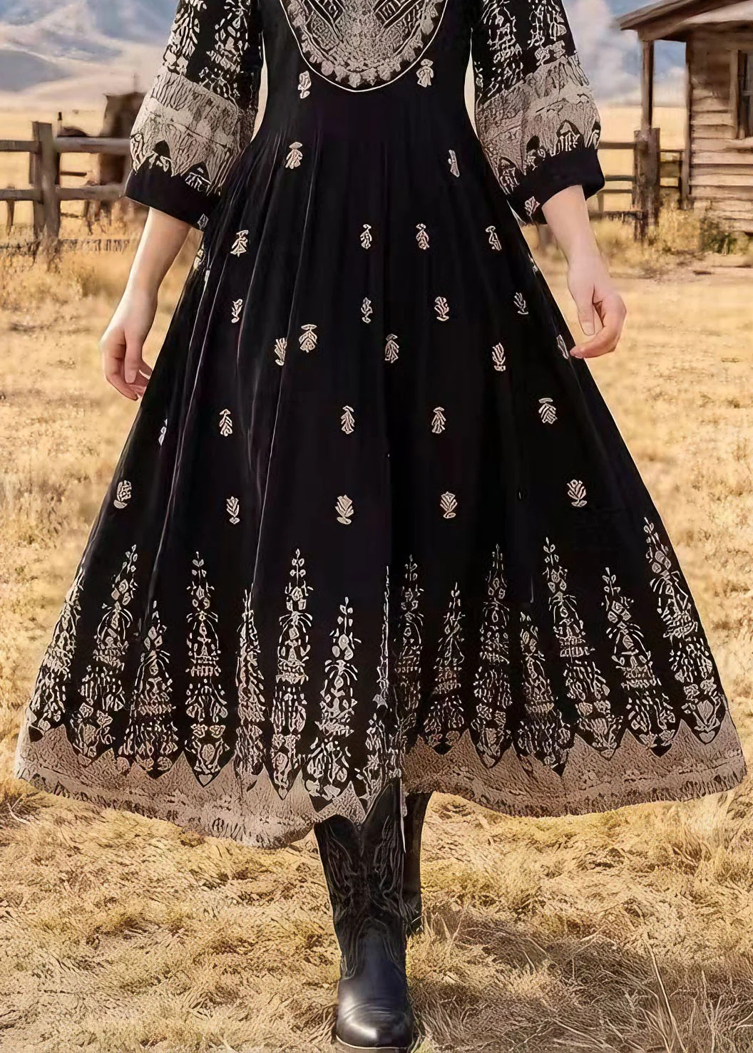 Women Black O Neck Print Cotton Dresses Bracelet Sleeve - Image 4