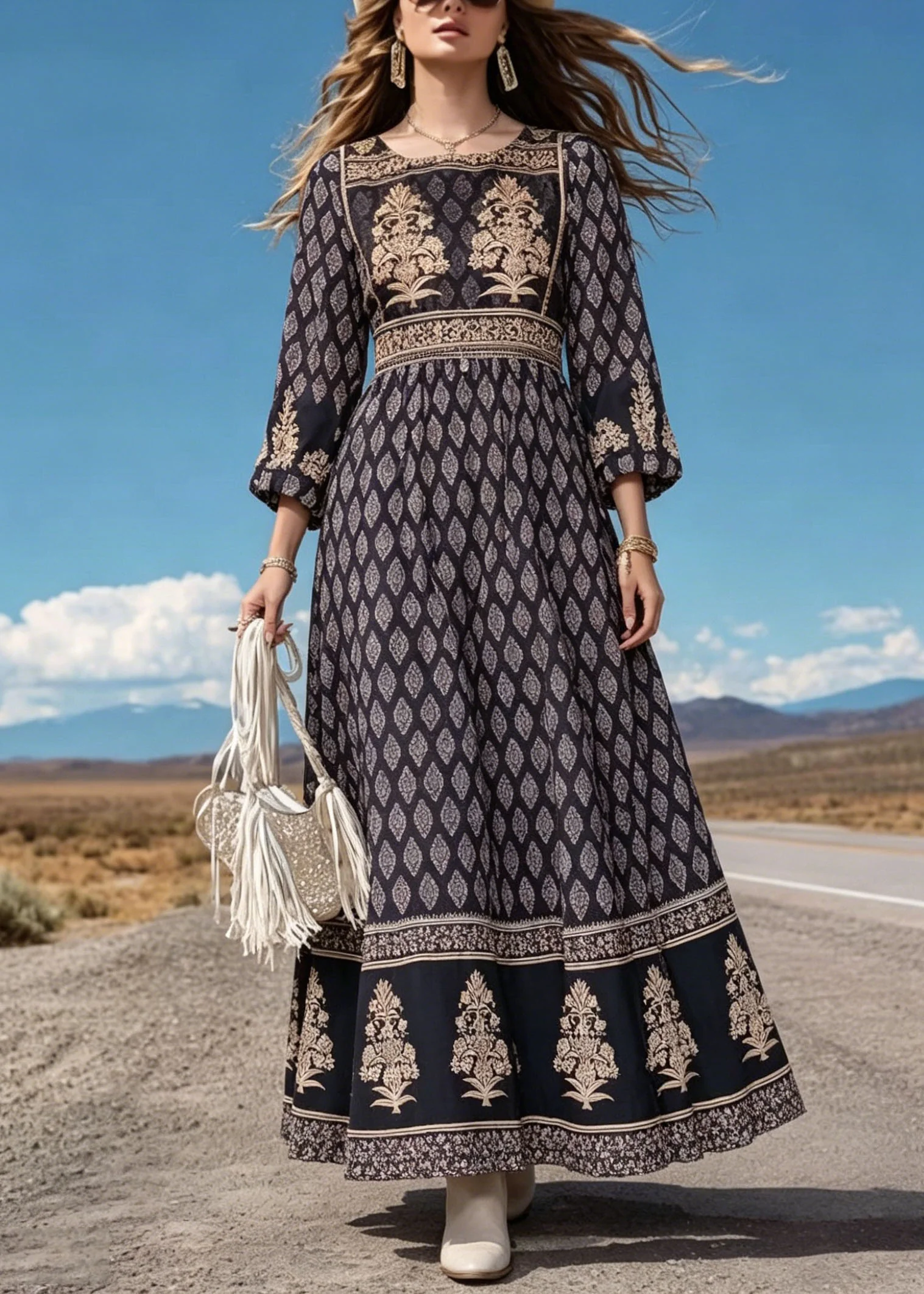 Women Black O Neck Print Cotton Long Dress Summer - Image 3