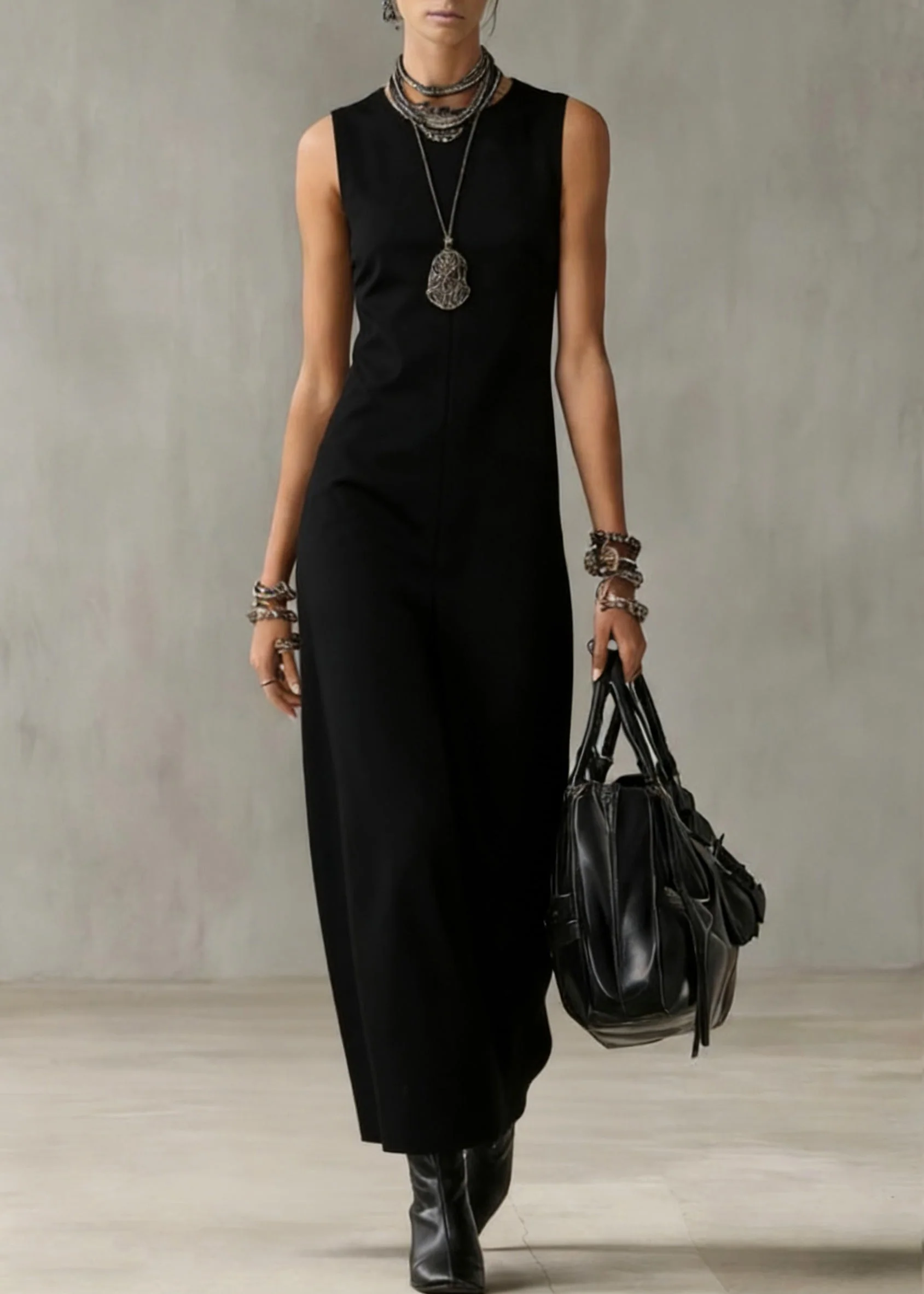 Women Black O Neck Solid Cotton Long Dress Sleeveless - Image 3