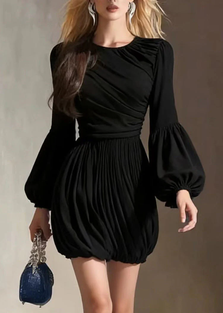 Women Black O Neck Wrinkled Patchwork Dress Lantern Sleeve - Image 2