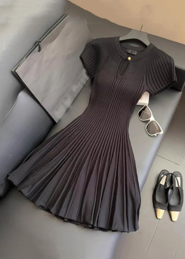 Women Black O Neck Wrinkled Solid Knit Mid Dress Summer - Image 2