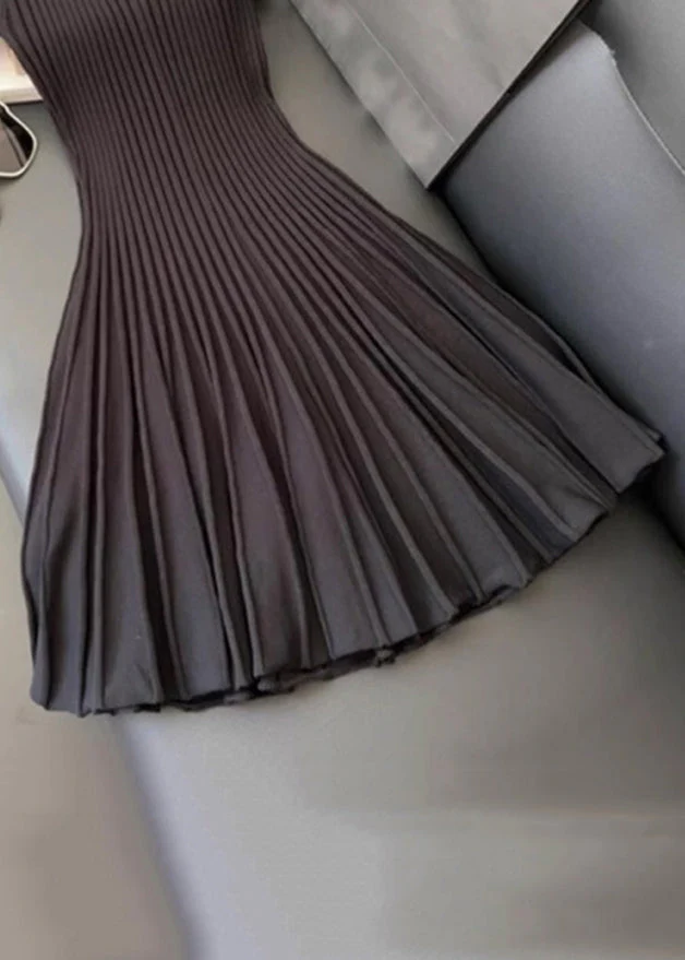 Women Black O Neck Wrinkled Solid Knit Mid Dress Summer - Image 4