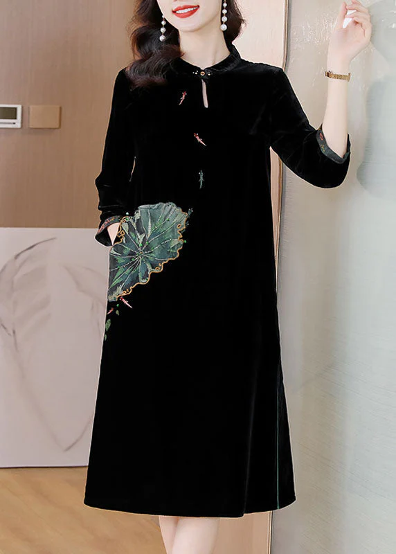 Women Black O-NeckPockets Button Silk Velour Long Dresses Bracelet Sleeve - Image 2