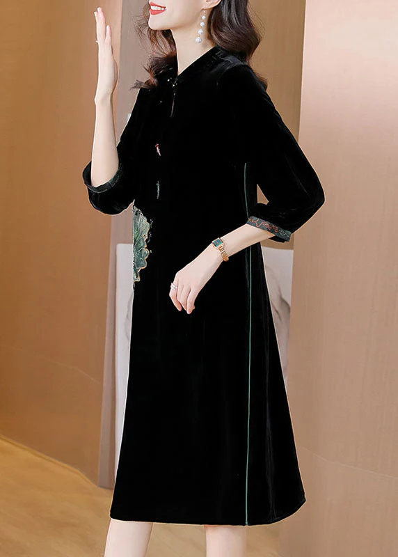 Women Black O-NeckPockets Button Silk Velour Long Dresses Bracelet Sleeve - Image 3