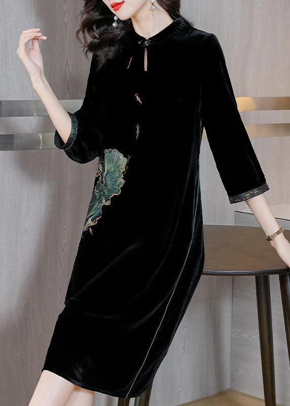 Women Black O-NeckPockets Button Silk Velour Long Dresses Bracelet Sleeve - Image 4