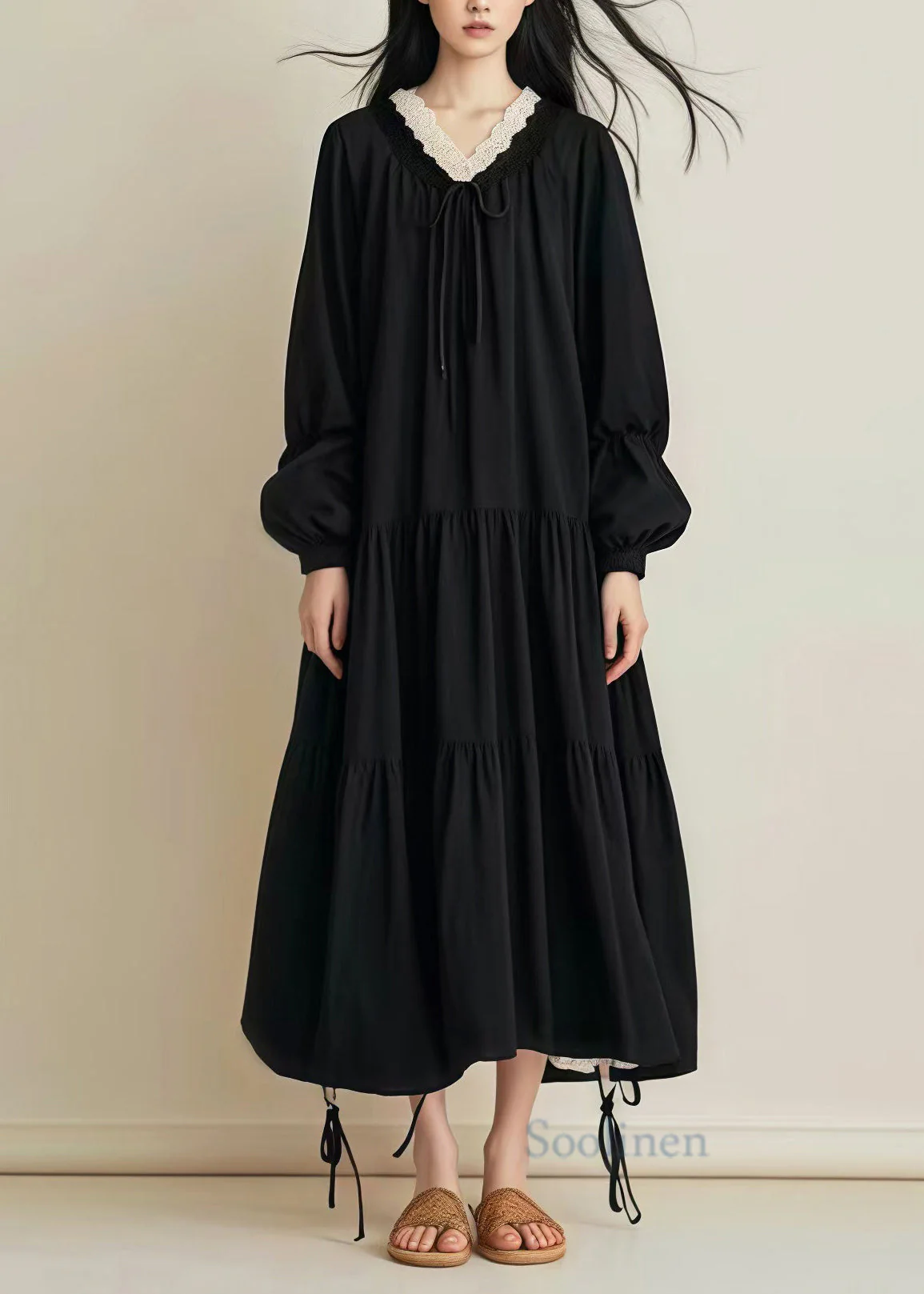 Women Black Oversized Drawstring Cotton Long Dress Spring - Image 2