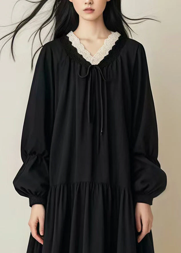 Women Black Oversized Drawstring Cotton Long Dress Spring - Image 3