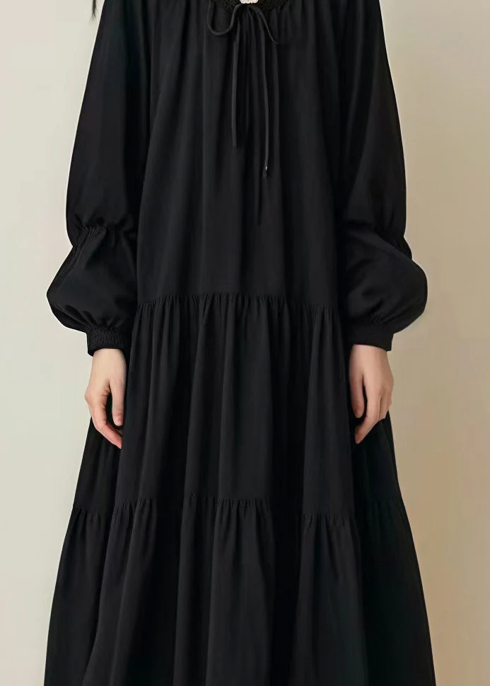 Women Black Oversized Drawstring Cotton Long Dress Spring - Image 4