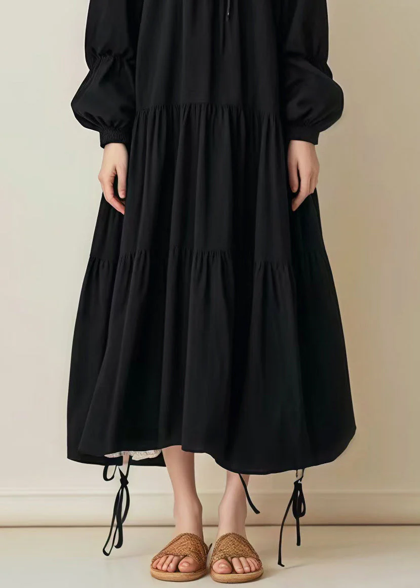 Women Black Oversized Drawstring Cotton Long Dress Spring - Image 5