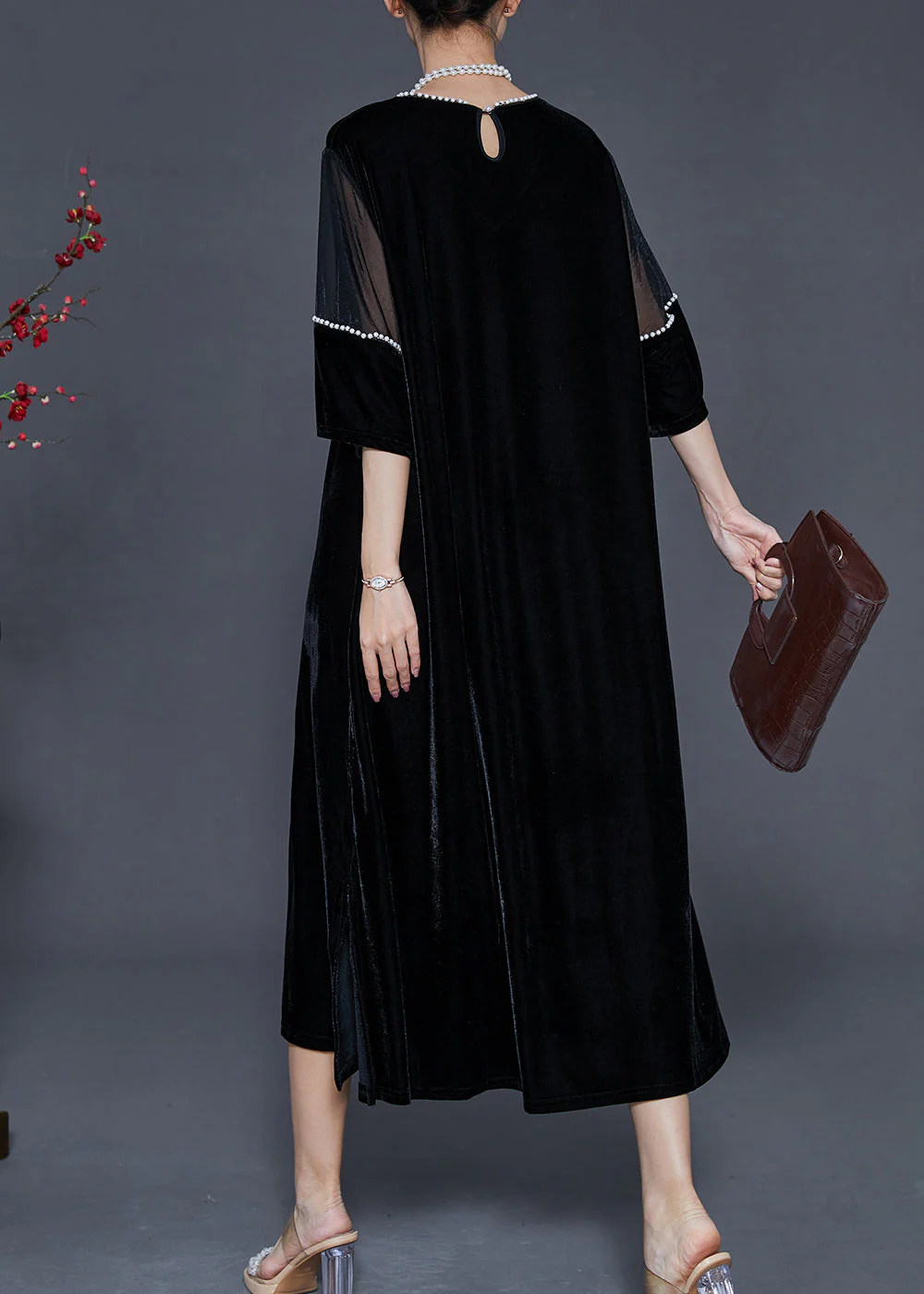 Women Black Oversized Patchwork Nail Bead Silk Velvet Dress Spring - Image 4