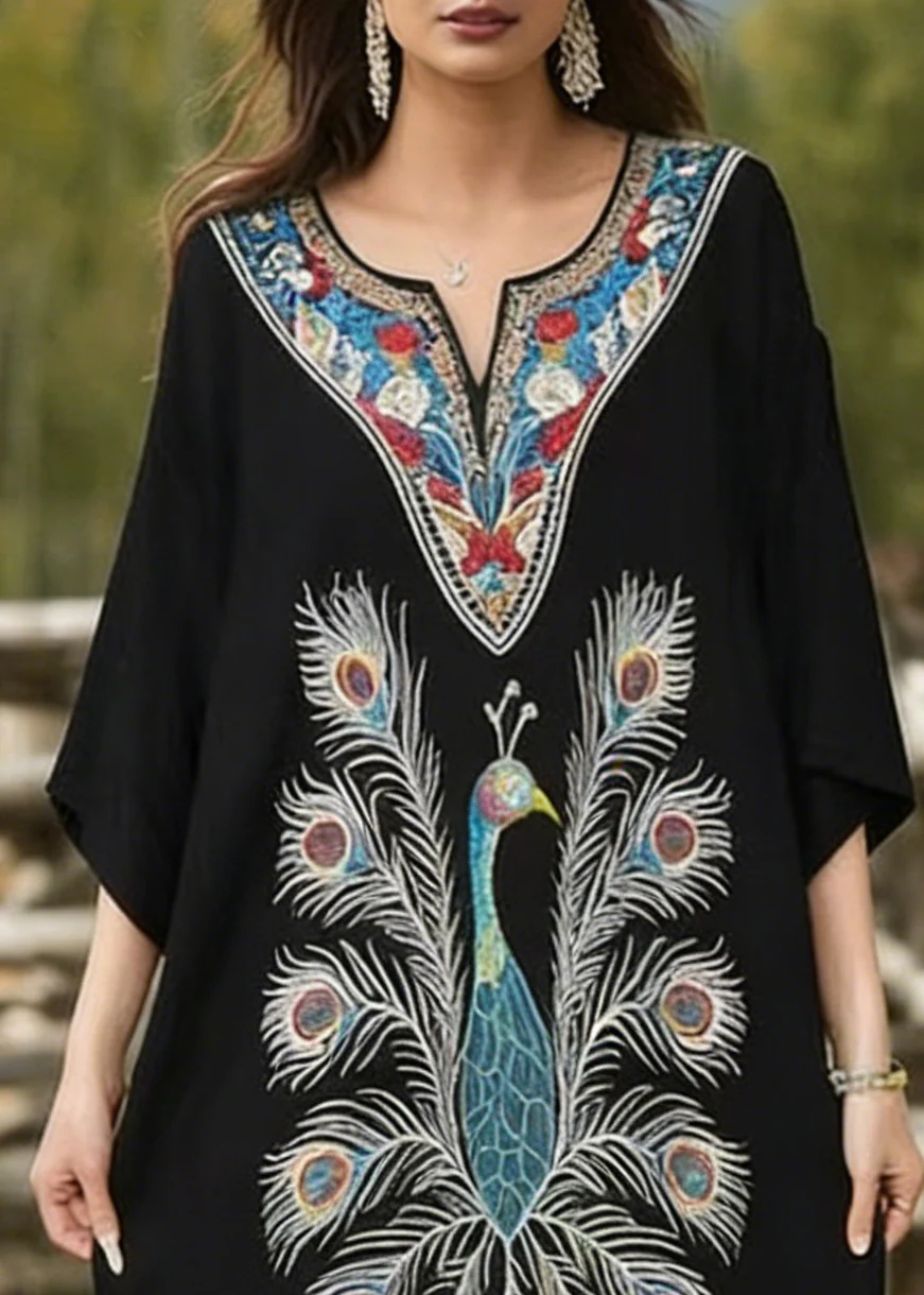 Women Black Oversized Peacock Print Cotton Long Dress Summer - Image 2
