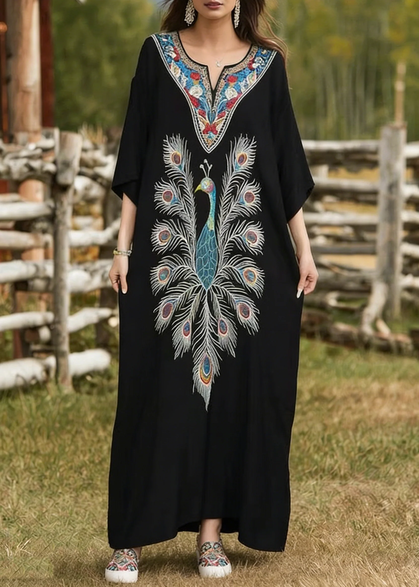 Women Black Oversized Peacock Print Cotton Long Dress Summer - Image 3
