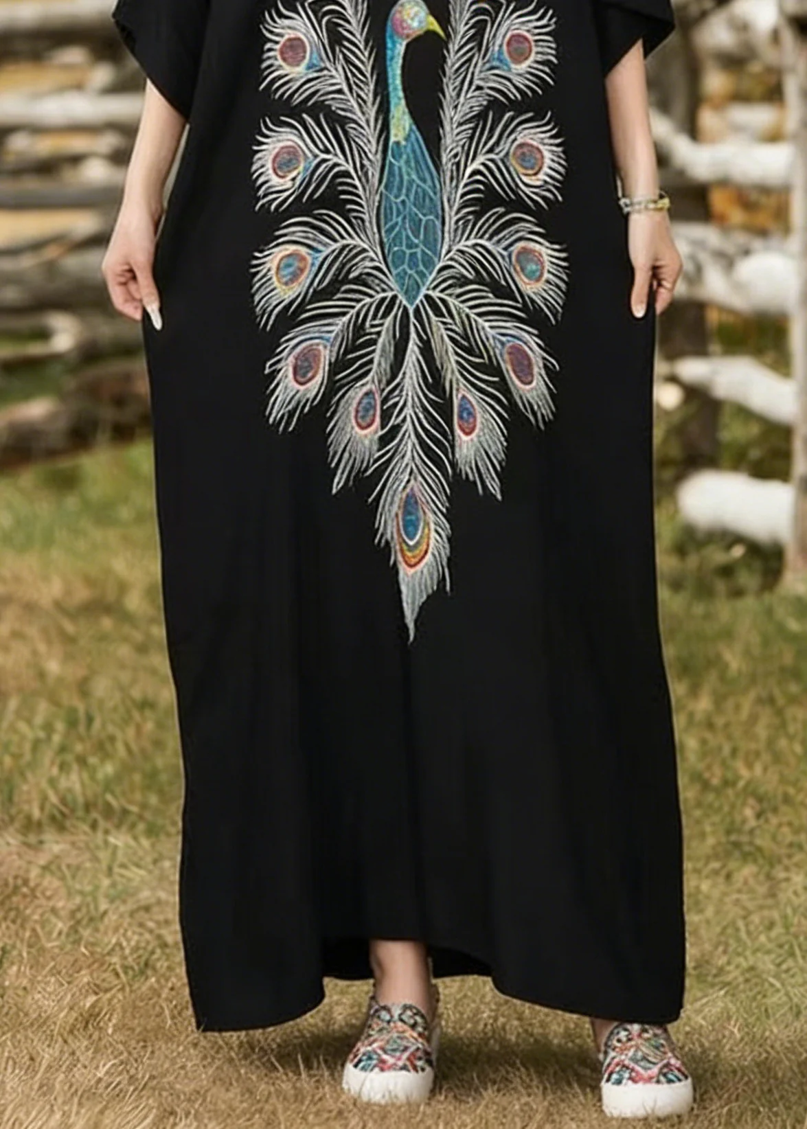 Women Black Oversized Peacock Print Cotton Long Dress Summer - Image 4