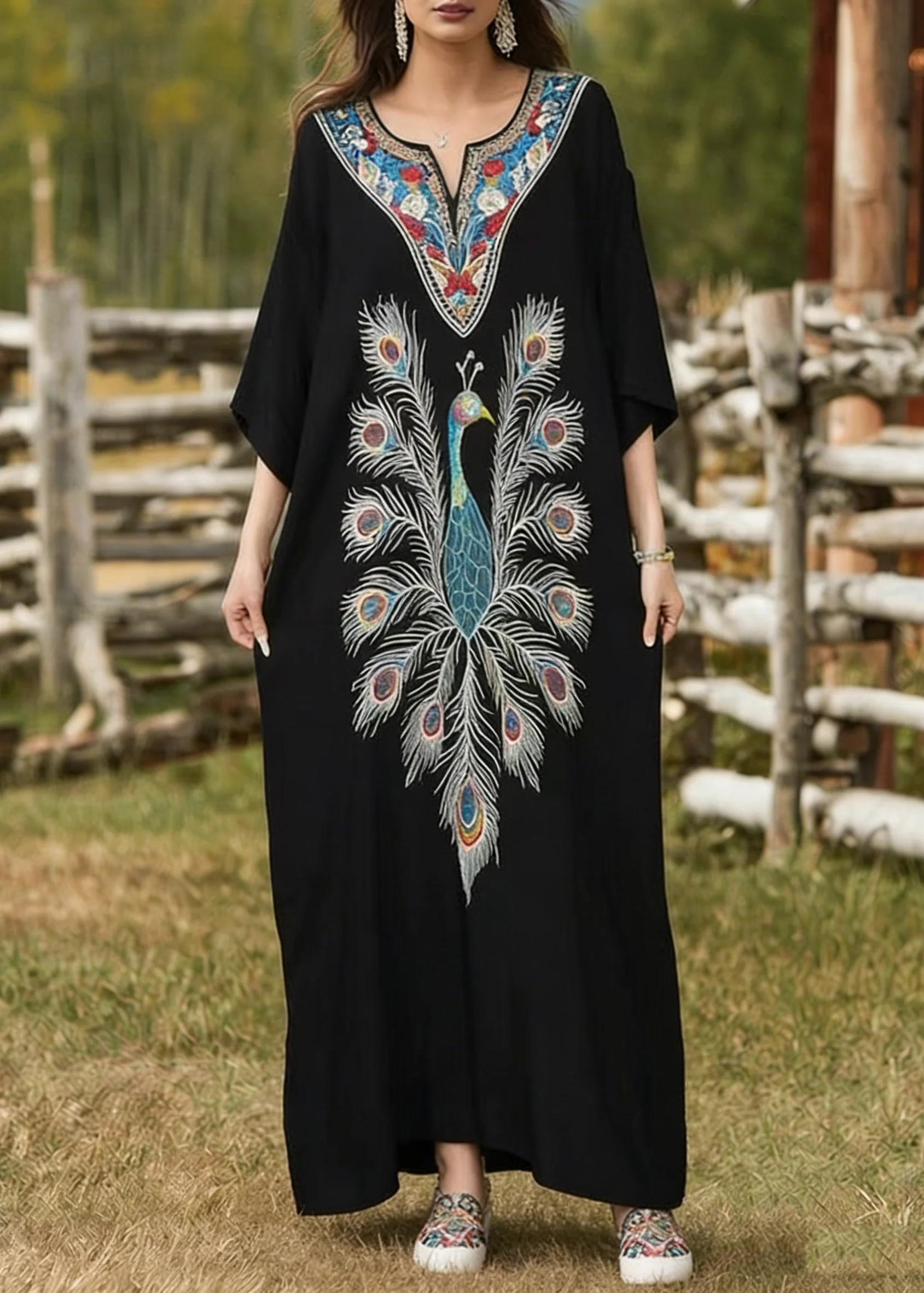 Women Black Oversized Peacock Print Cotton Long Dress Summer - Image 5