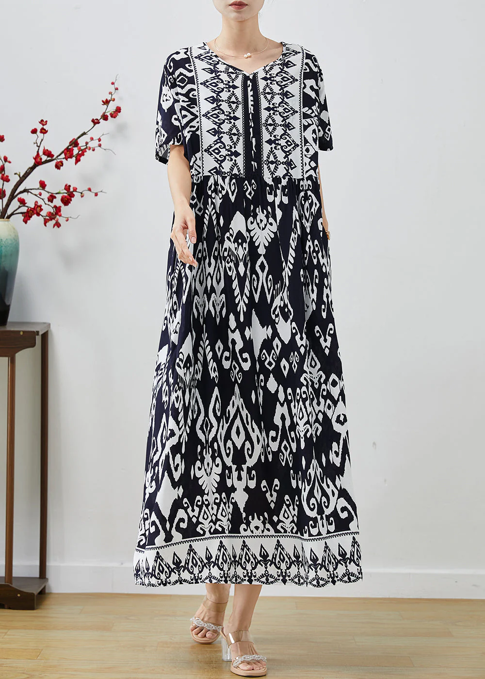Women Black Oversized Print Cotton Holiday Dresses Summer - Image 3
