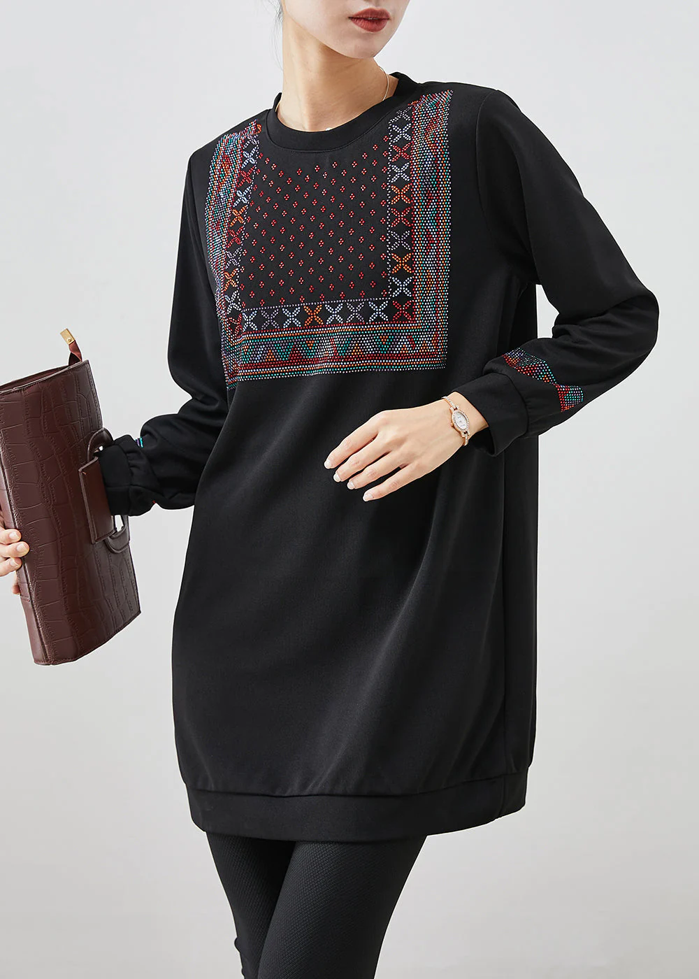Women Black Oversized Zircon Cotton Sweatshirts Dress Fall - Image 2