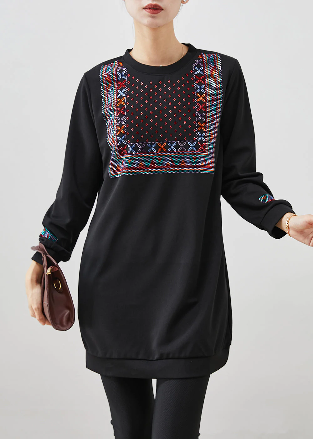 Women Black Oversized Zircon Cotton Sweatshirts Dress Fall - Image 3