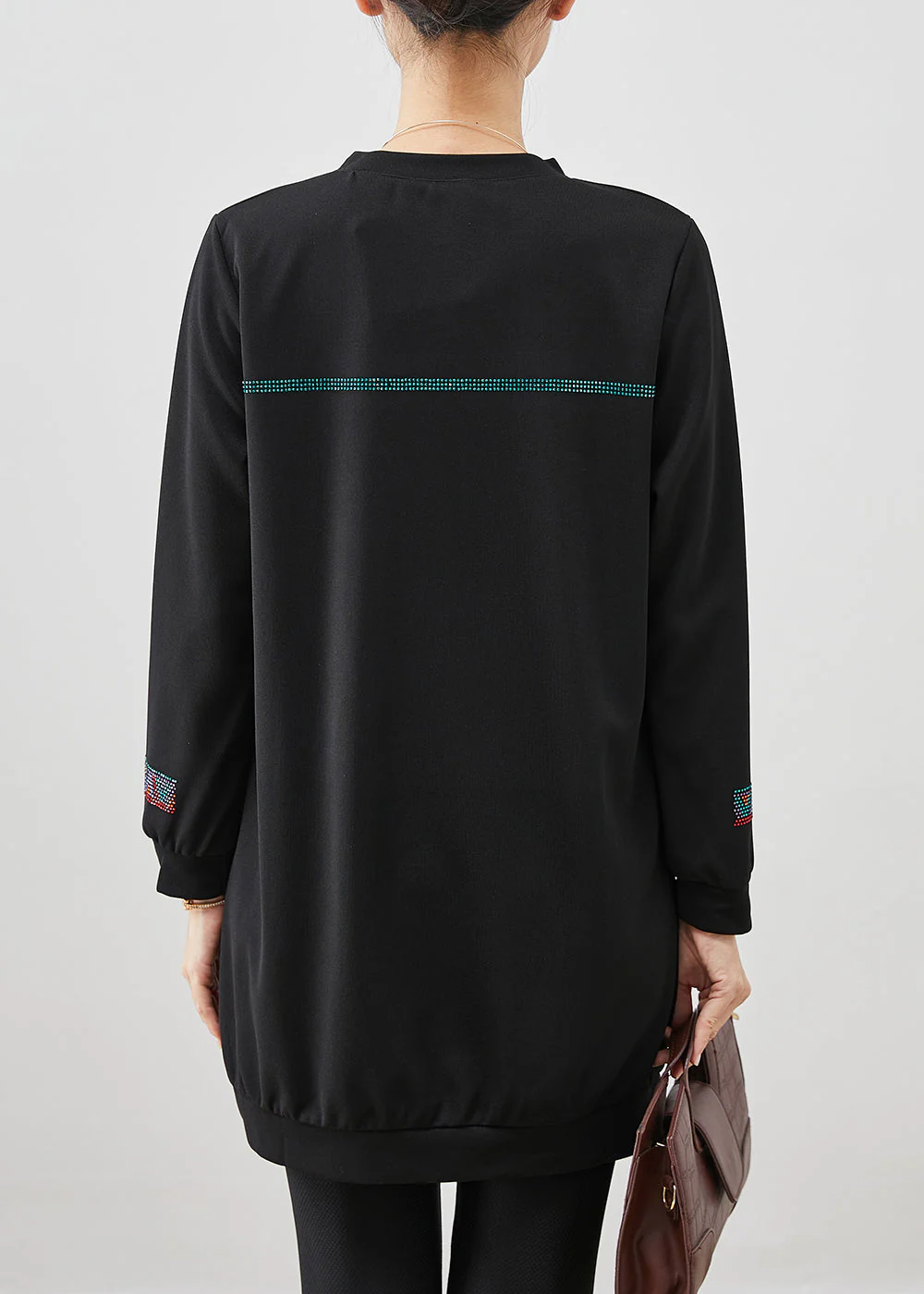 Women Black Oversized Zircon Cotton Sweatshirts Dress Fall - Image 4
