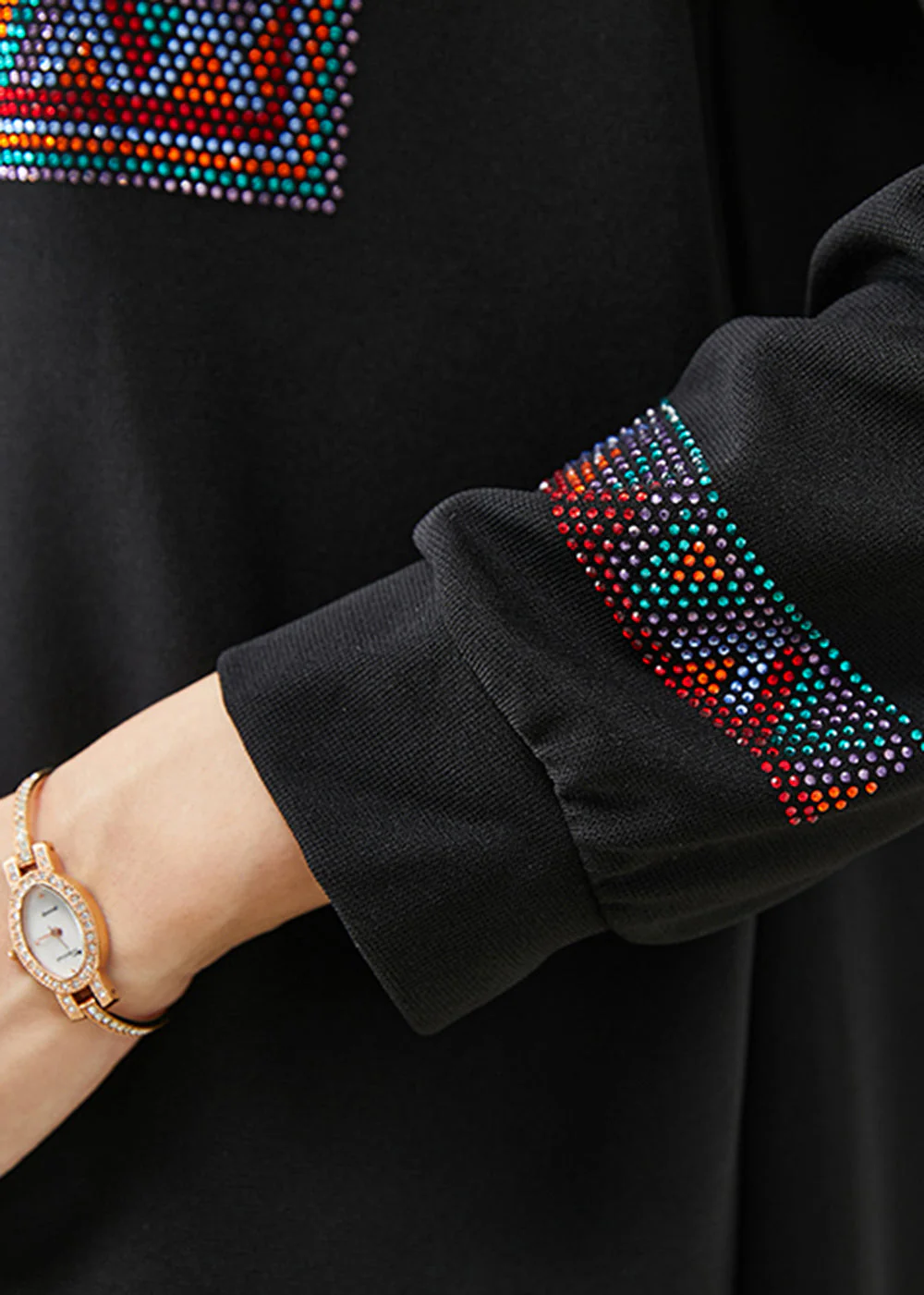 Women Black Oversized Zircon Cotton Sweatshirts Dress Fall - Image 5