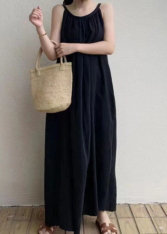 Women Black Patchwork Cotton Spaghetti Strap Holiday Dress Summer - Image 3