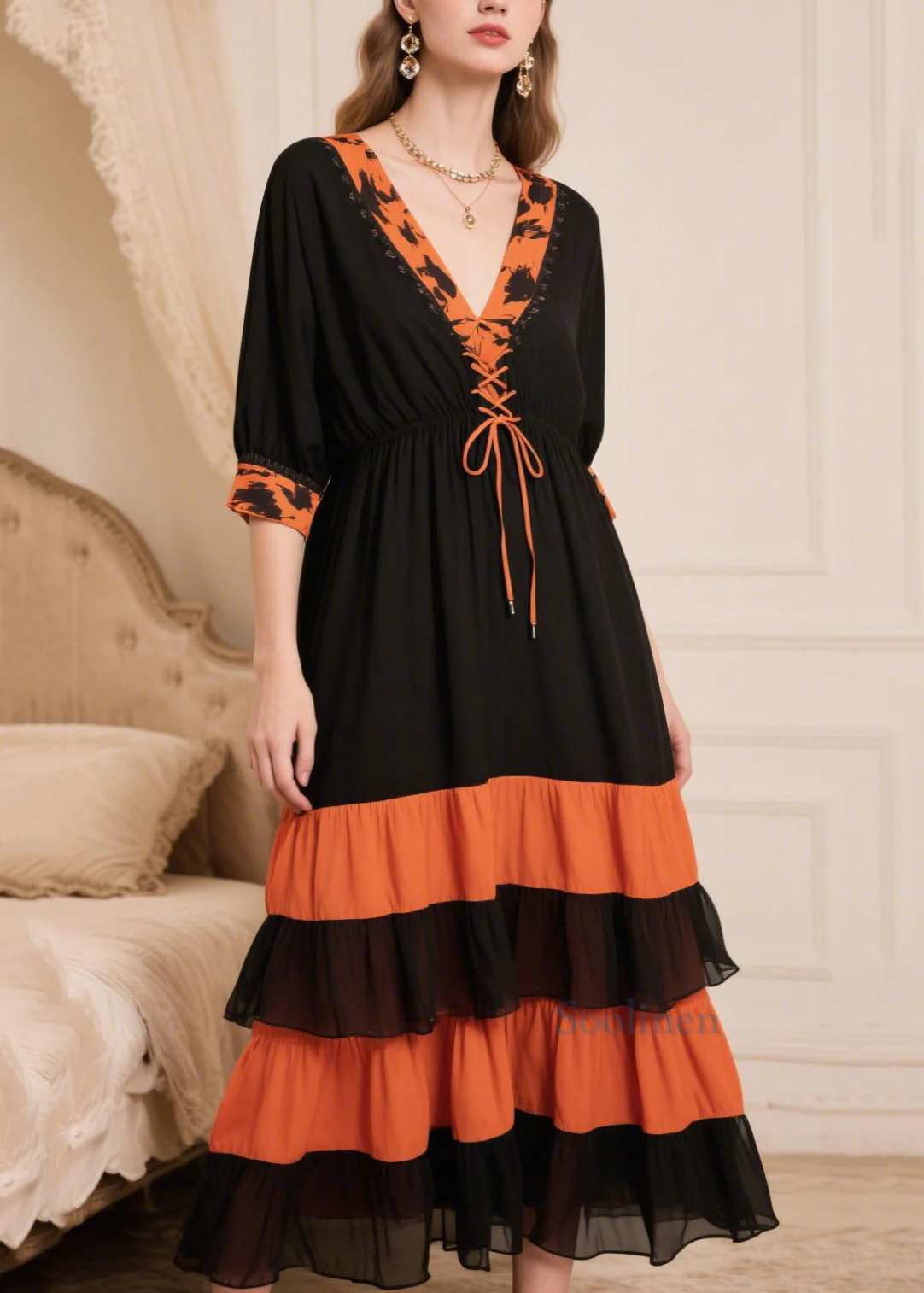 Women Black Patchwork Cross Strap Chiffon Maxi Dresses Summer - Image 3