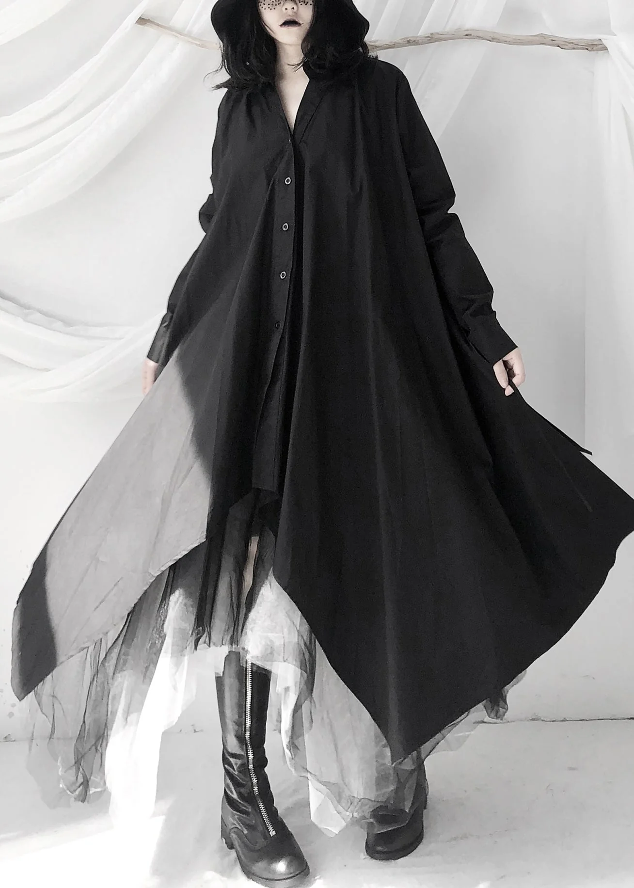 Women Black Peter Pan Collar Asymmetrical Tie Waist Long Shirts Dress Long Sleeve - Image 2