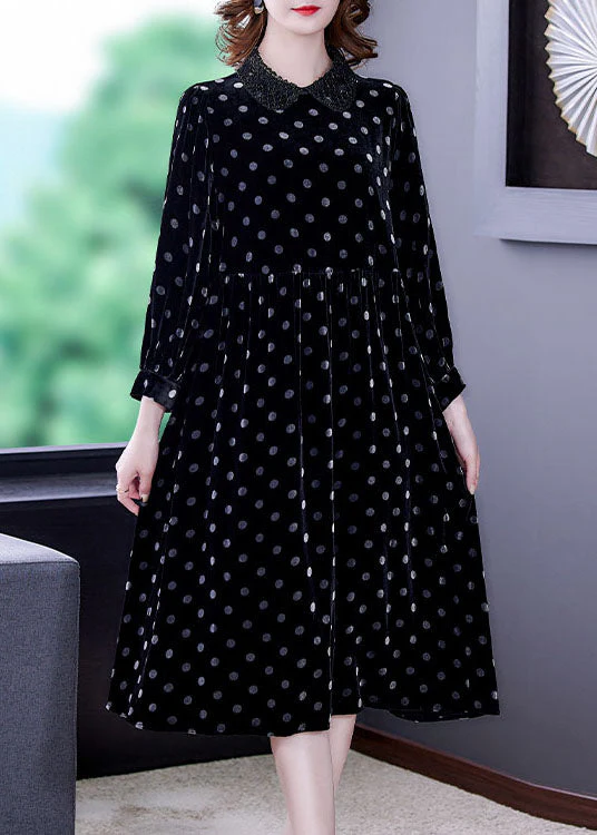 Women Black Peter Pan Collar Dot Velour Dresses Spring - Image 3