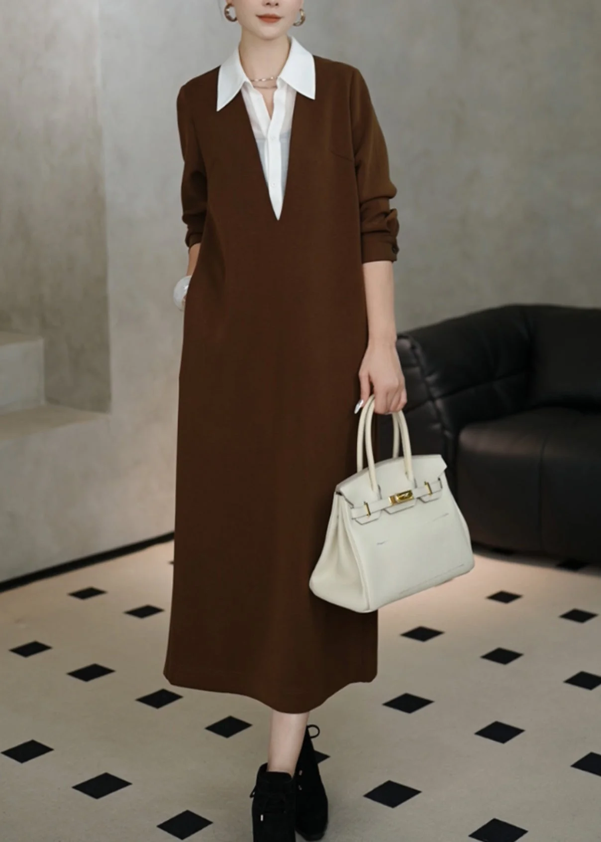 Women Black Peter Pan Collar False Two Pieces Patchwork Cotton Dresses Spring - Image 2