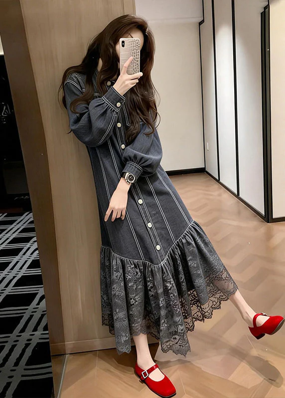 Women Black Peter Pan Collar Lace Patchwork Denim Dress Spring - Image 3