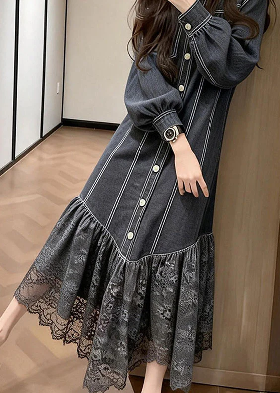 Women Black Peter Pan Collar Lace Patchwork Denim Dress Spring - Image 4