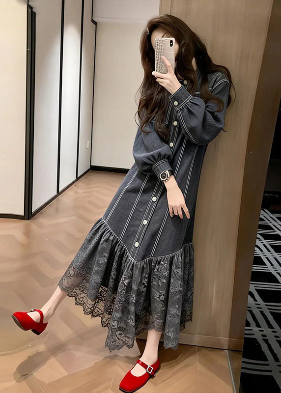Women Black Peter Pan Collar Lace Patchwork Denim Dress Spring - Image 5