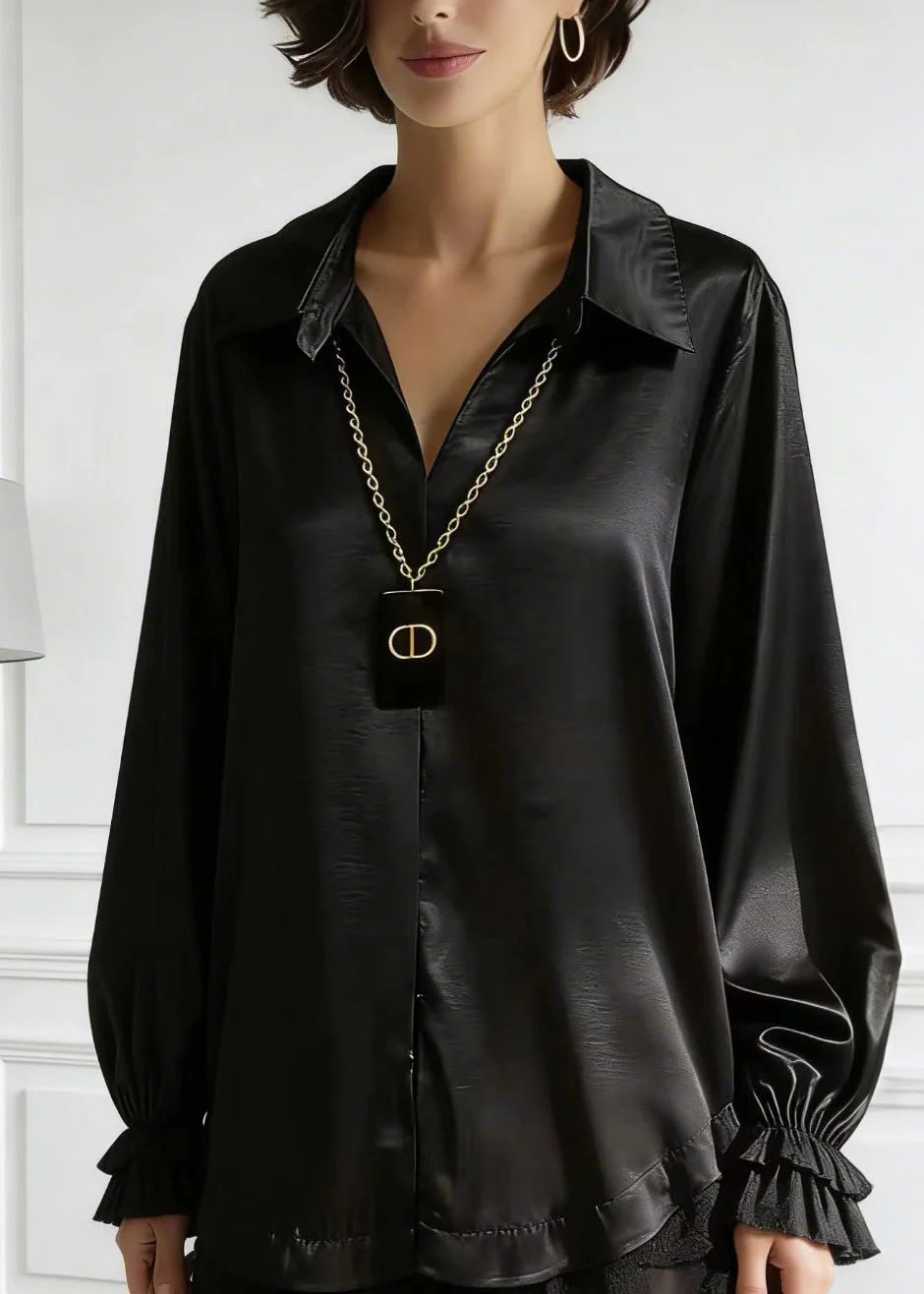 Women Black Peter Pan Collar Lace Patchwork Silk Shirt Tops Spring - Image 2