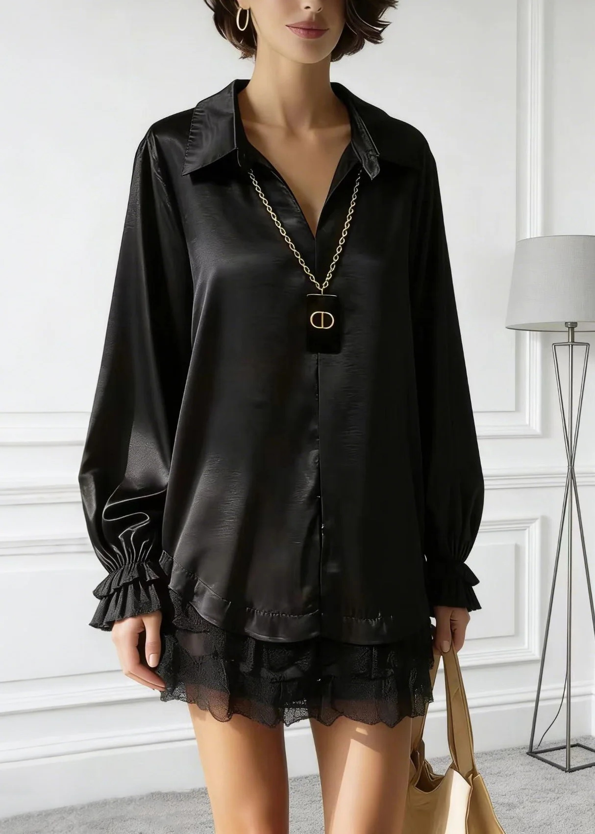 Women Black Peter Pan Collar Lace Patchwork Silk Shirt Tops Spring - Image 3